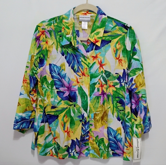 Alfred Dunner Tops - NWT Alfred Dunner Button Blouse Tropical Print 3/4 Sleeve 100% Cotton Size PL